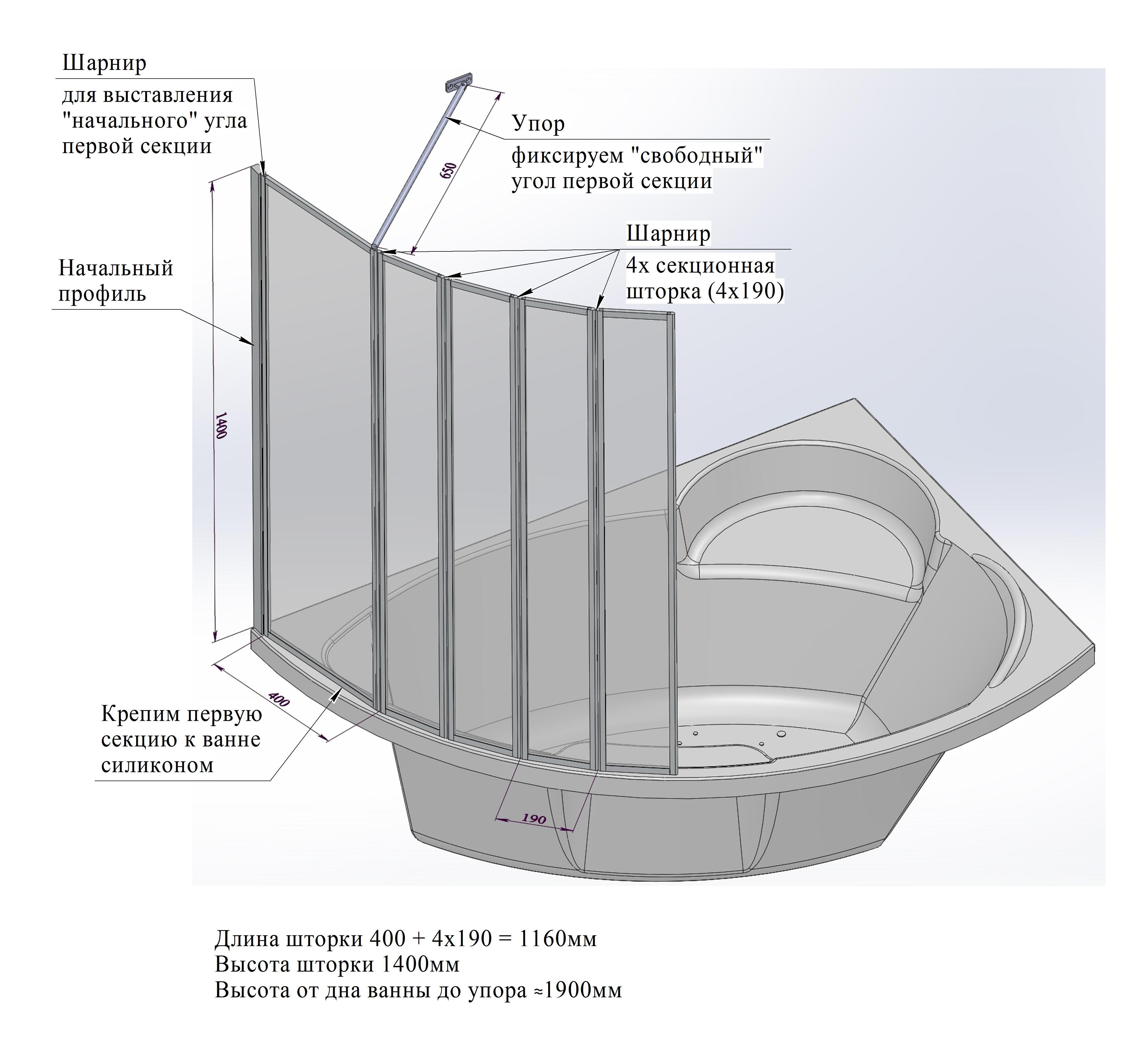 Стеклянная складная шторка на ванну (5 секций)